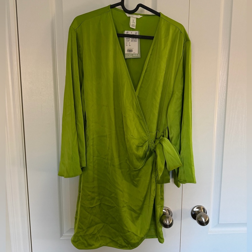 H&M Lime Green Satin V-Neck Dress - Size S